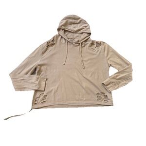 On Fire Women's Shredded Distressed Pullover Hoodie Beige Size 3X W/ Drawstring